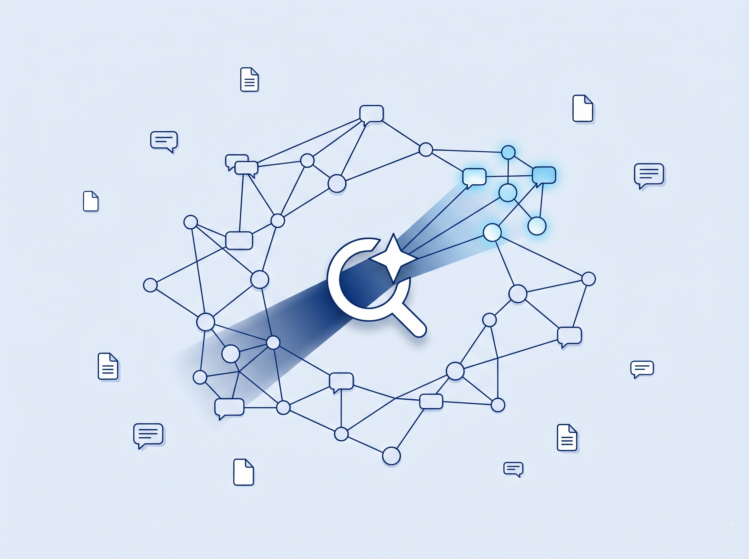 Abstract illustration of an AI search beam through a network of nodes